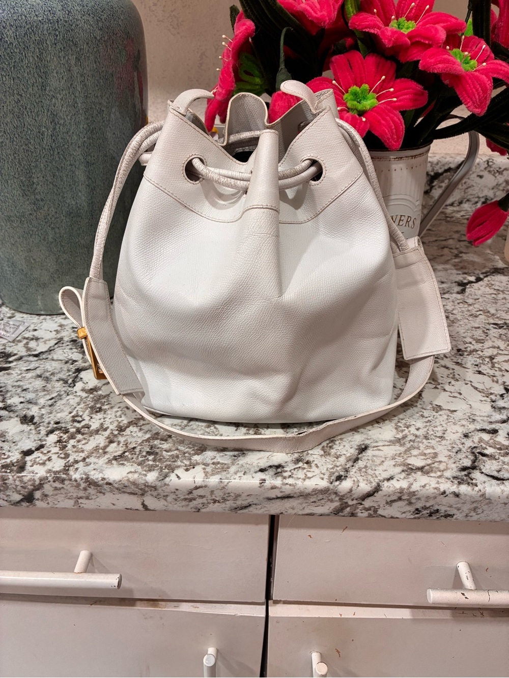 Salvatore Ferragamo White Leather Drawstring Hobo